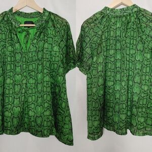 Birgitte Herskind LAKIIN Blouse Green Snake Short Sleeve Ruffle 36 Split Front 4